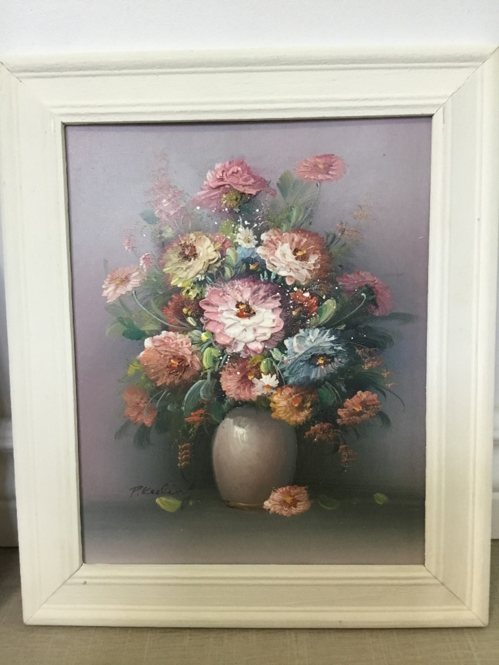 Original Signed Oil Painting on Wood Panel "P. Keeling” Vintage Floral Still Lif